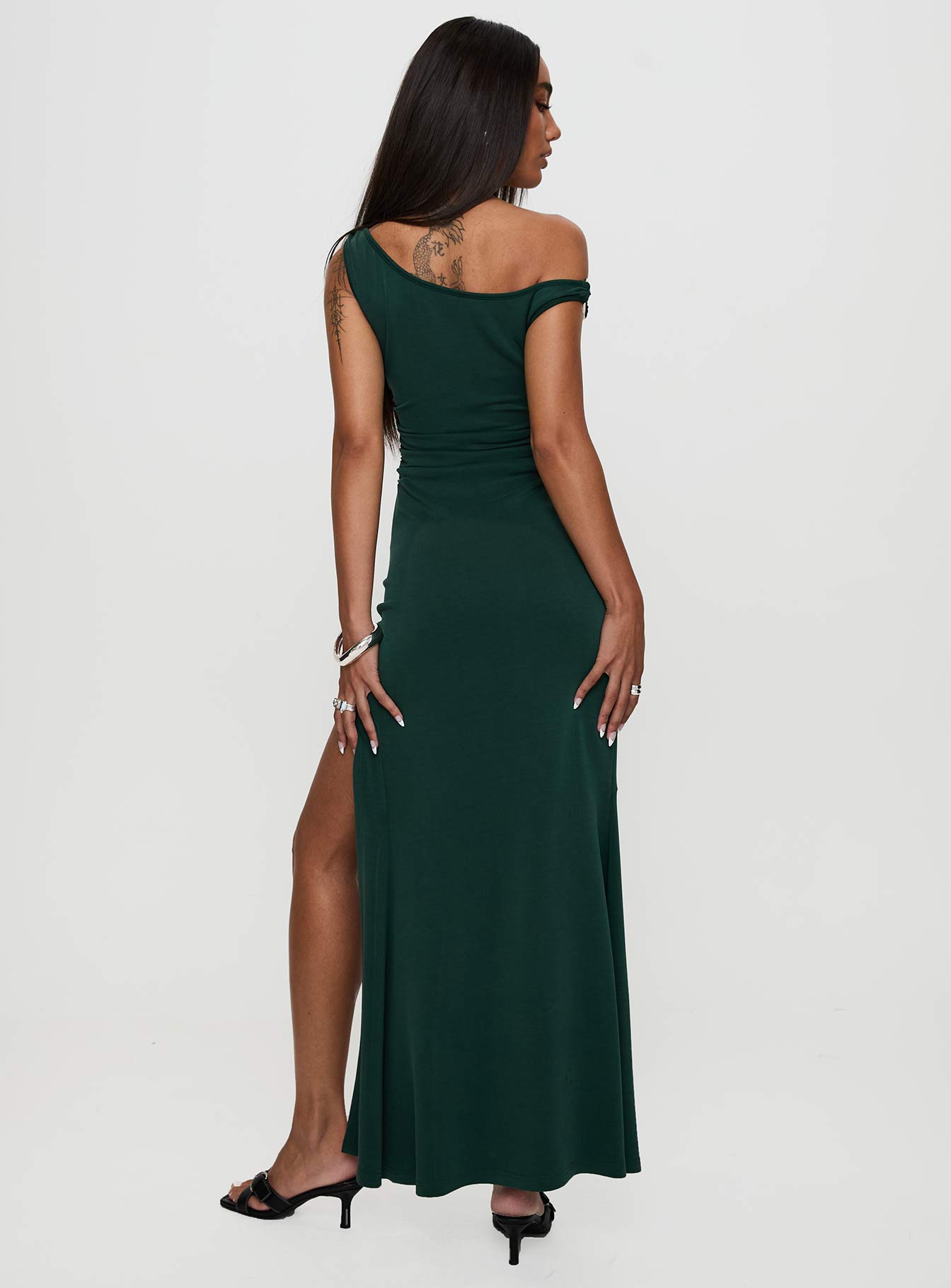 back view of model wearing Princess Polly Rios One Shoulder Maxi Dress Green Scoop Neck 