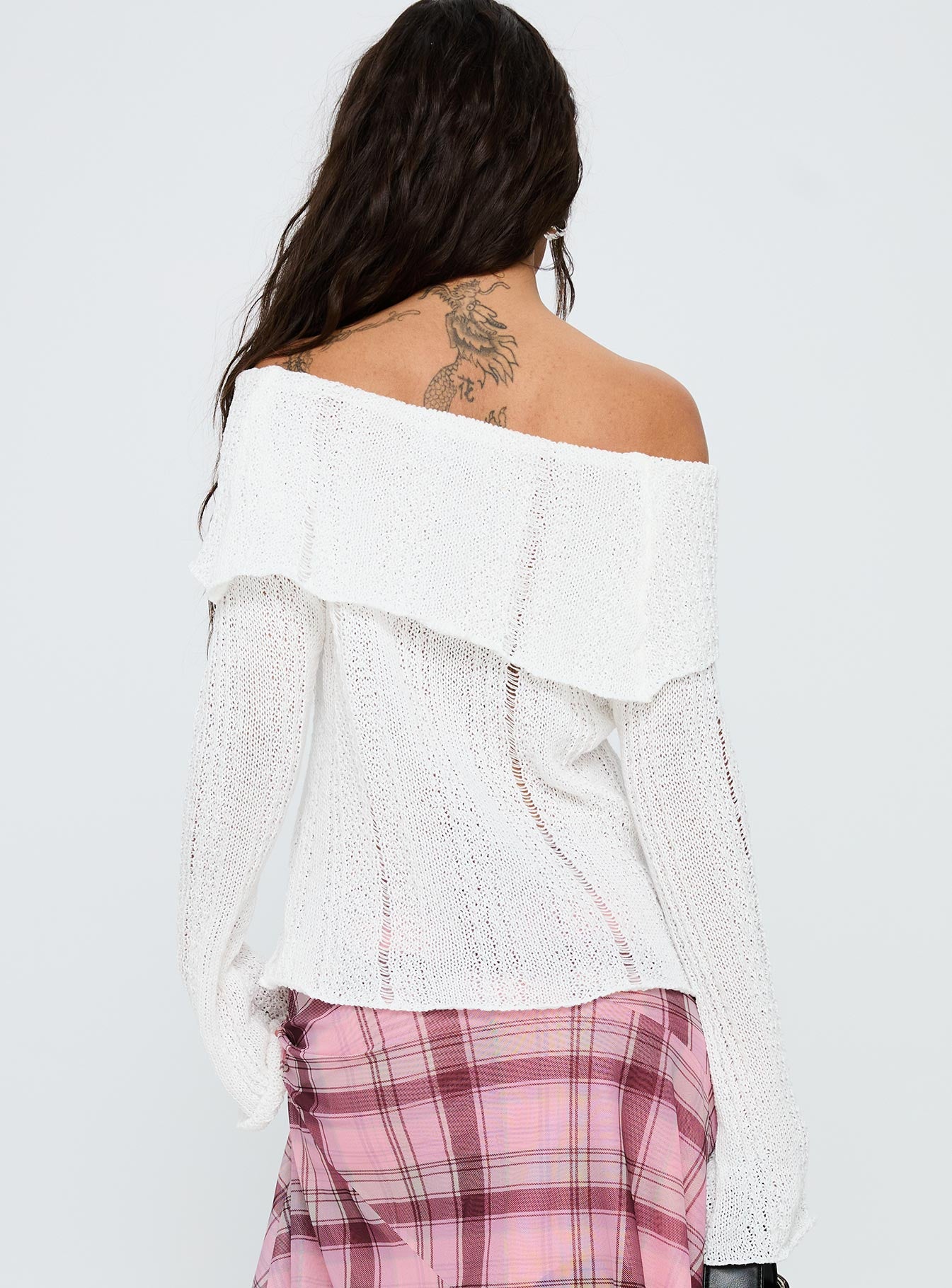 back view of model wearing Princess Polly So Gone Off Shoulder Knit Sweater White 