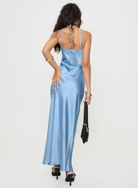 back view of model wearing Princess Polly Adamstone Maxi Dress Blue Plunger 