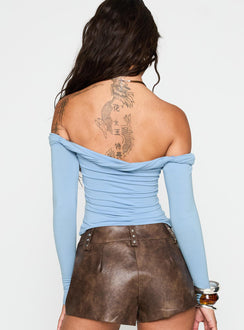 back view of model wearing Princess Polly Dusky Long Sleeve Top Blue Full Sleeves straight 