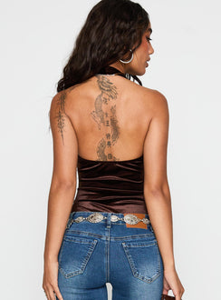 back view of model wearing Princess Polly Ruelle Halter Bodysuit Brown Sleeveless 