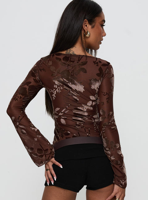 back view of model wearing Princess Polly Meant To Be Mesh Long Sleeve Top Brown Floral Full Sleeves Boat Neck 