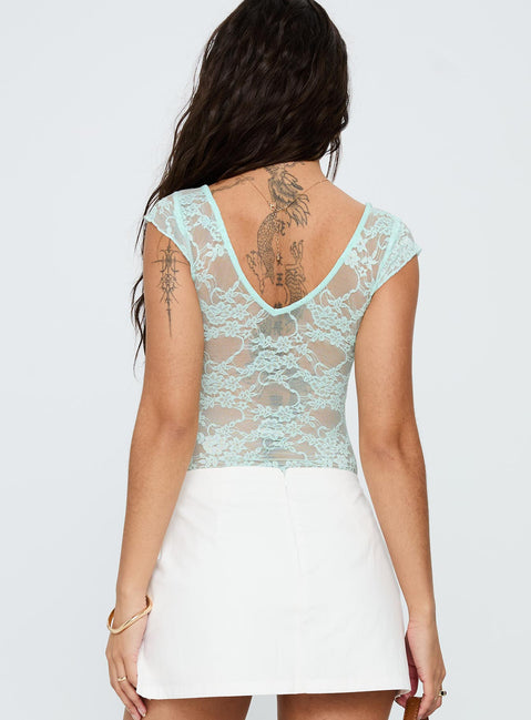 back view of model wearing Princess Polly Tantalize Bodysuit Blue Short Sleeve 