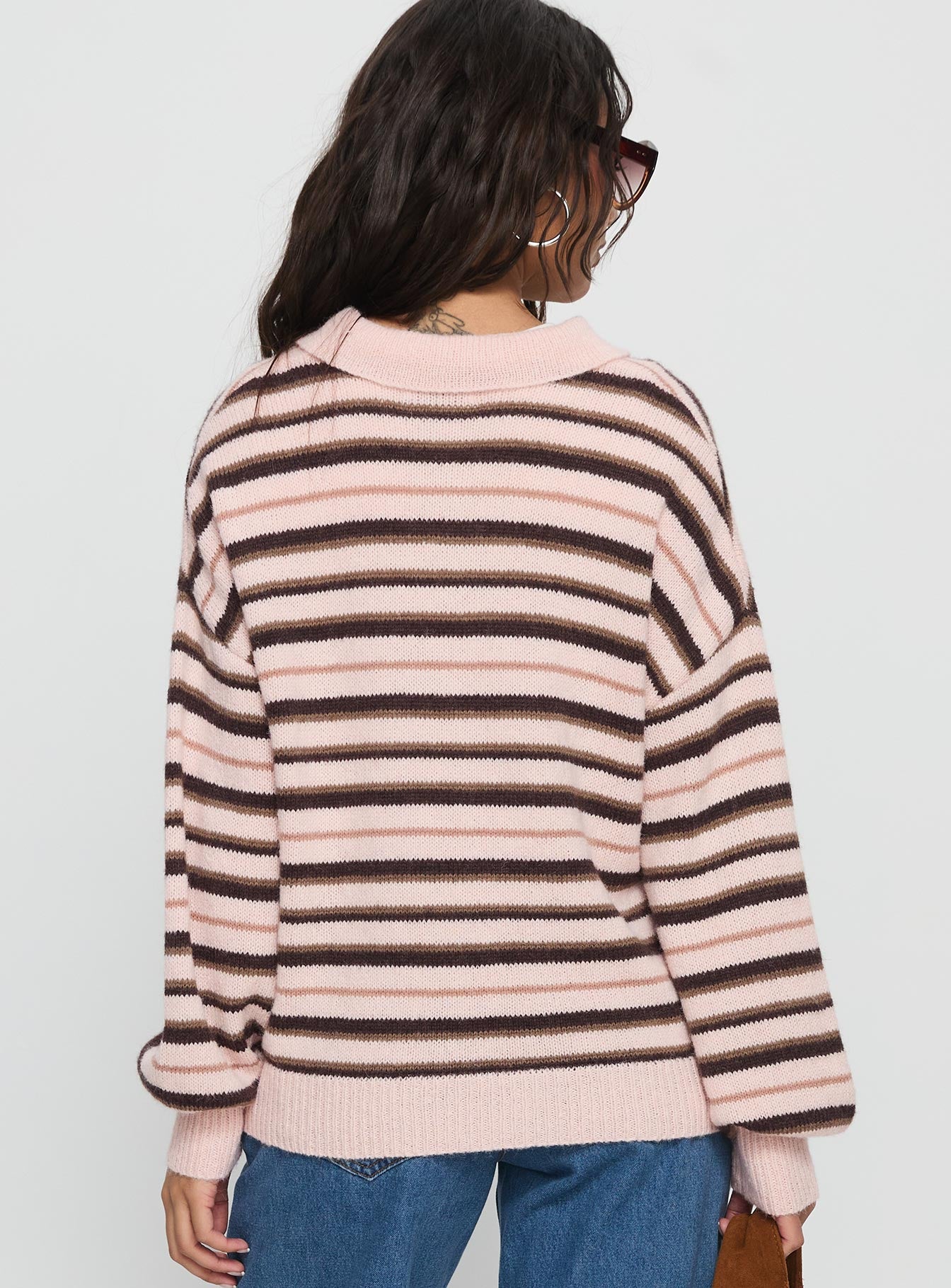back view of model wearing Princess Polly Jeanny Collared Knit Sweater Brown / Pink Stripe Longline Jumpers 