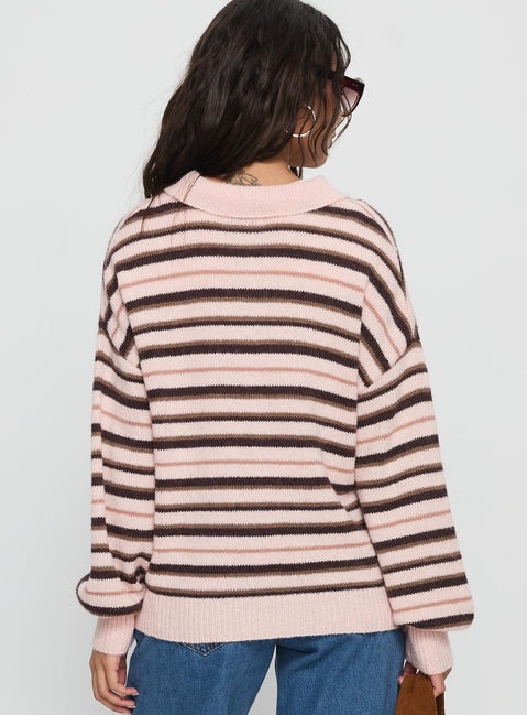 back view of model wearing Princess Polly Jeanny Collared Knit Sweater Brown / Pink Stripe Longline Jumpers 