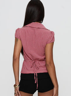 back view of model wearing Princess Polly Arianwyn Top Red Check Short Sleeves V-Neck 