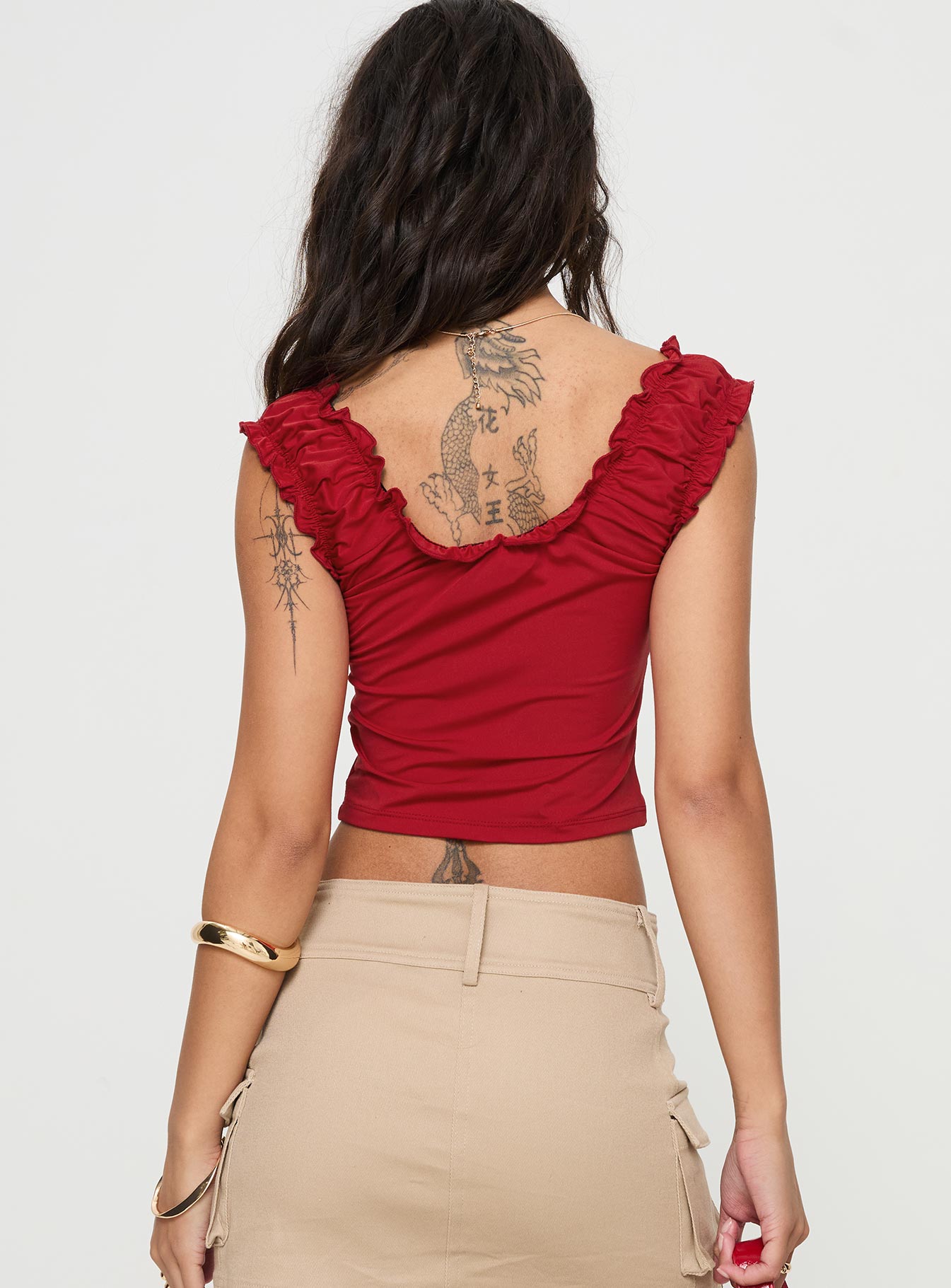 back view of model wearing Princess Polly Sharnee Top Red Sleeveless Scoop Neck 