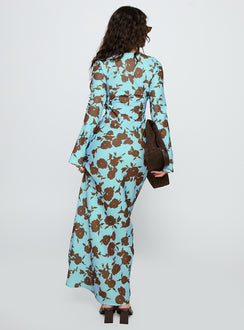 back view of model wearing Princess Polly Elorie Long Sleeve Maxi Dress Blue / Brown Scoop Neck 