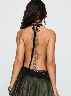 back view of model wearing Princess Polly Khoda Studded Halter Top Black Sleeveless Cowl 