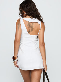 back view of model wearing Princess Polly Kaeli Keyhole Mini Dress White High Neck 