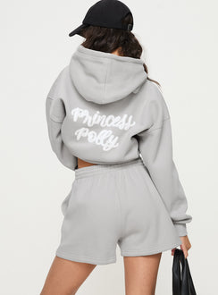 back view of model wearing Princess Polly Princess Polly Track Shorts Puff Text Grey 