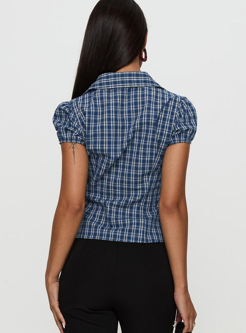 back view of model wearing Princess Polly Separate Scenes Button Up Top Blue Check Short Sleeves V-Neck 