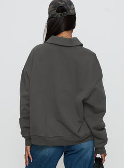 back view of model wearing Princess Polly Back Around Collared Fleece Jumper Slate 