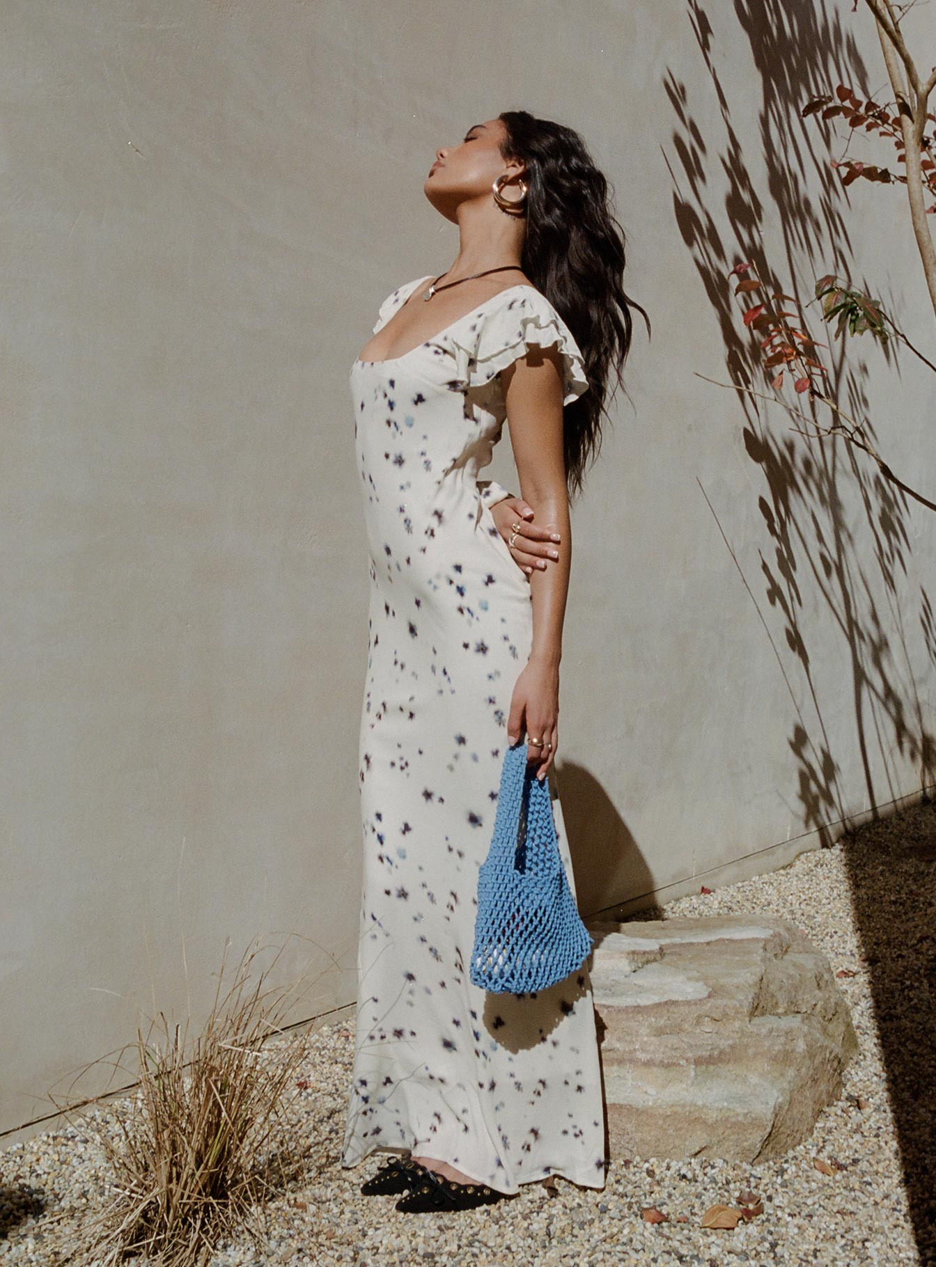 back view of model wearing Princess Polly Jontee Bias Cut Maxi Dress Cream Floral Square Neck 