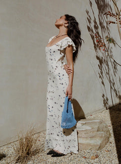 back view of model wearing Princess Polly Jontee Bias Cut Maxi Dress Cream Floral Square Neck 