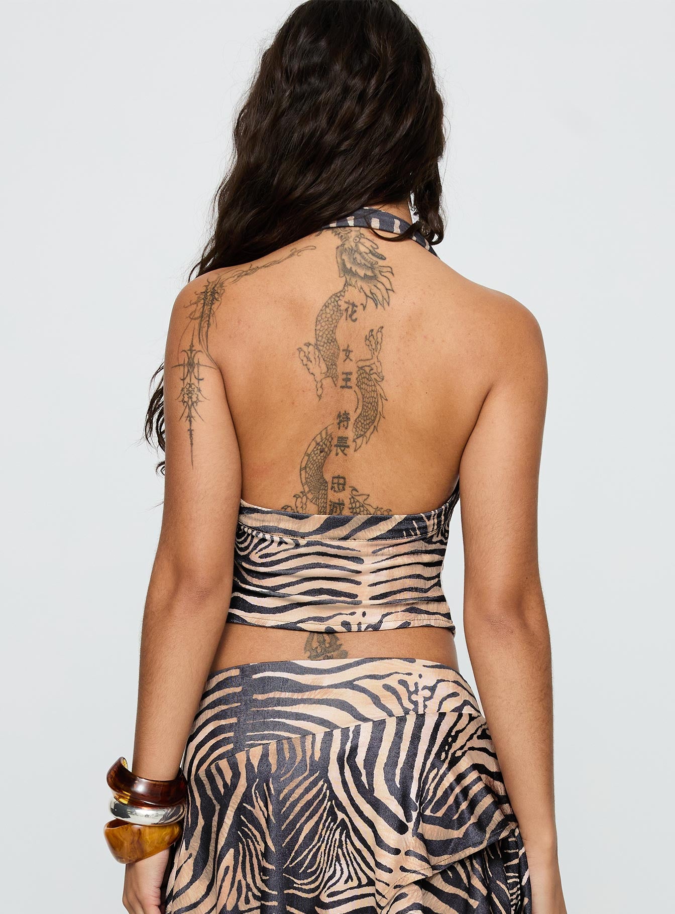 back view of model wearing Princess Polly Where Were You Cowl Neck Top Tiger Sleeveless Cowl 
