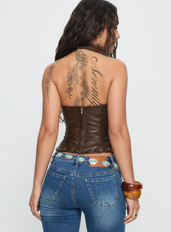 Captivated Faux Leather Halter Top Chocolate