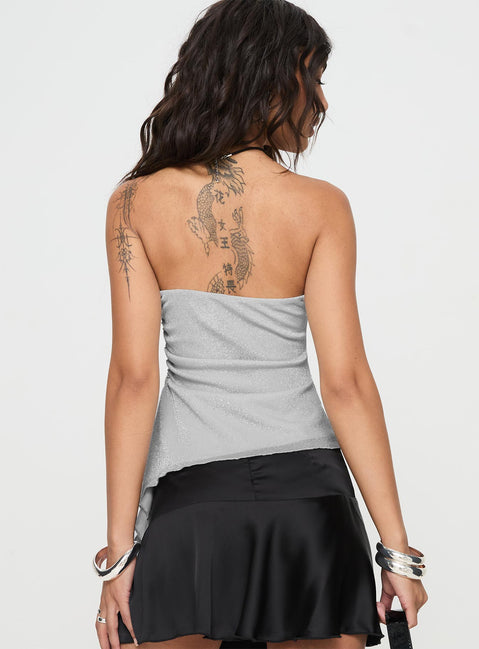 back view of model wearing Princess Polly Zechariah Strapless Top Silver Sleeveless straight 