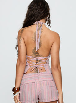 back view of model wearing Princess Polly Electric Night Halter Tie Back Top Pink Stripe Sleeveless Plunger 