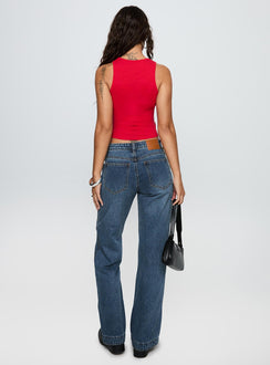 back view of model wearing Princess Polly Dog Days Mid Rise Straight Leg Jeans Dark Blue Wash Mid Rise Jeans 
