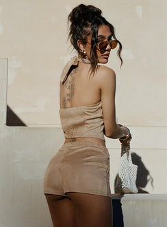 back view of model wearing Princess Polly Eternal Youth Faux Suede Short Taupe Low Rise Shorts 