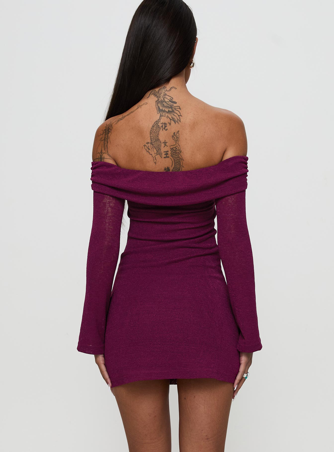 back view of model wearing Princess Polly Firenza Long Sleeve Mini Dress Purple Sweetheart Neckline 