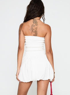 back view of model wearing Princess Polly Anemone Bubble Hem Mini Dress White Straight Neck 