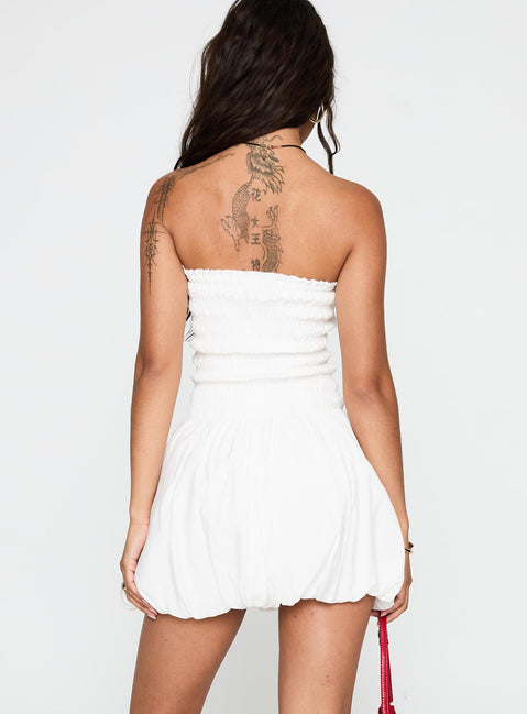 back view of model wearing Princess Polly Anemone Bubble Hem Mini Dress White Straight Neck 