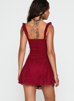 back view of model wearing Princess Polly Beacall Mini Dress Red Scoop Neck 