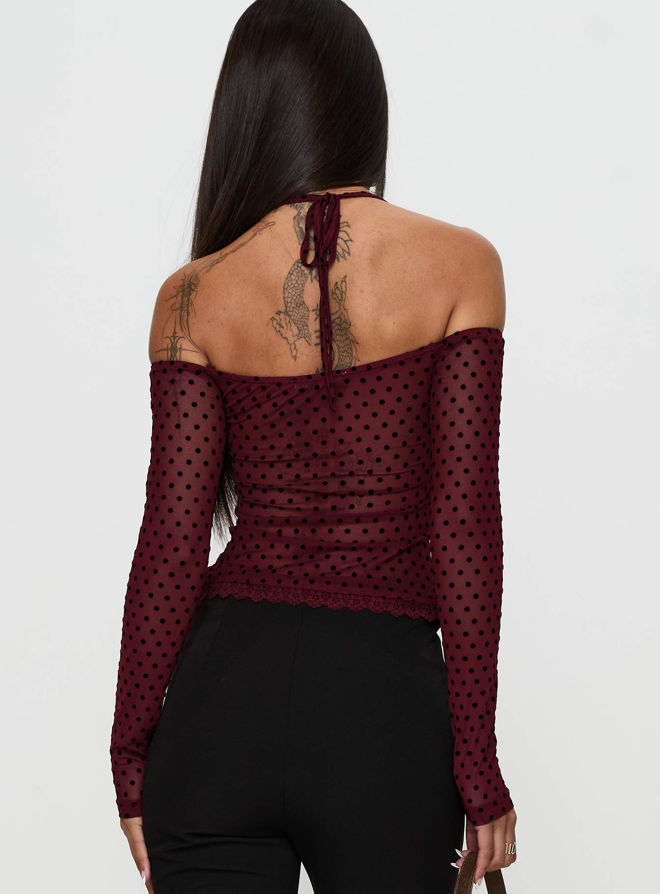 back view of model wearing Princess Polly On My Side Off Shoulder Tie Neck Top Burgundy Full Sleeves straight 