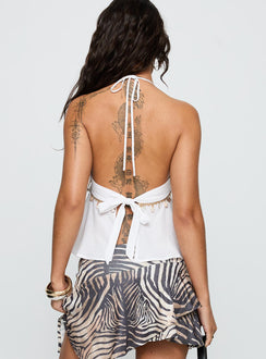 back view of model wearing Princess Polly Calgary Bead Trim Top White Sleeveless Plunger 