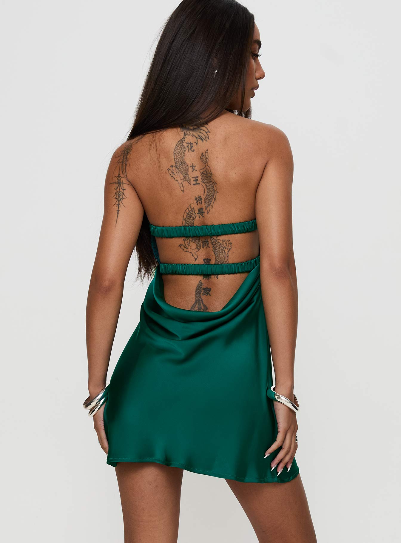 back view of model wearing Princess Polly Faviola Mini Dress Emerald Sweetheart Neckline 