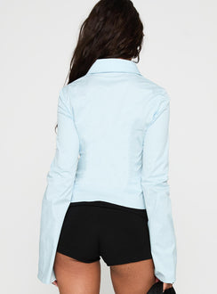 back view of model wearing Princess Polly Merritt Top Blue Full Sleeves V-Neck 