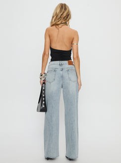 back view of model wearing Princess Polly Henesey High Rise Straight Leg Jeans Light Wash Mid Rise Jeans 