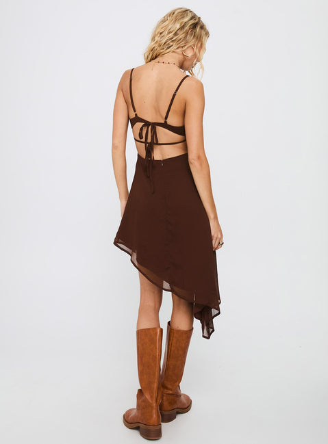 Secret Gardens Asymmetrical Midi Dress Brown