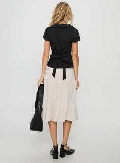 back view of model wearing Princess Polly Cascades Low Rise Midi Skirt Beige / White Stripe Midi Skirts 