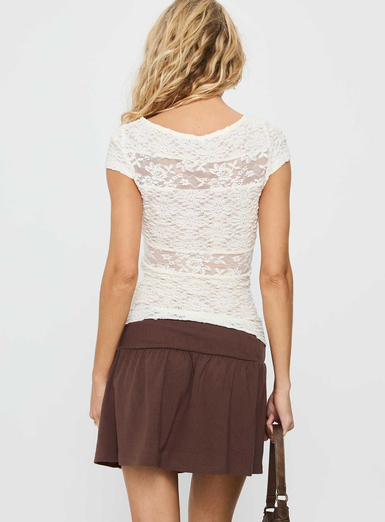 back view of model wearing Princess Polly Chevelle Jersey Mini Skirt Chocolate Mini Skirts 