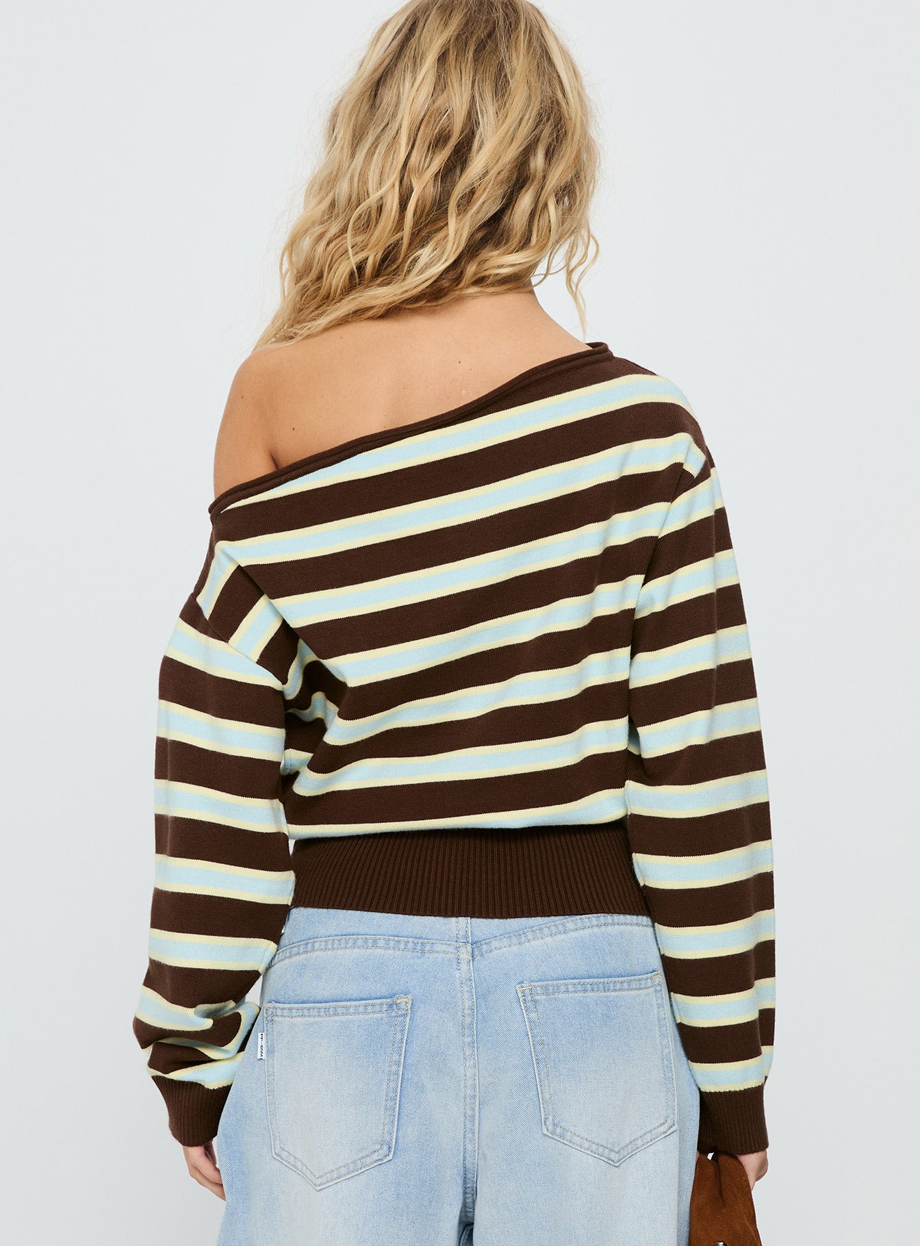 back view of model wearing Princess Polly Zinia Off Shoulder Knit Sweater Brown / Blue Stripe Cropped 