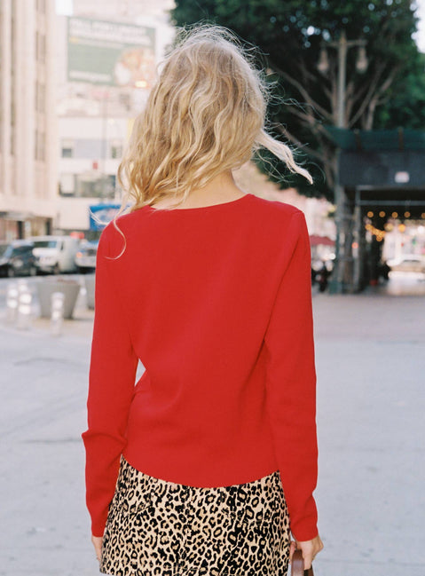 back view of model wearing Princess Polly Old Burlington Knit Cardigan Red Long 