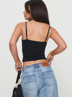 back view of model wearing Princess Polly Perseus Top Black Sleeveless V-Neck 