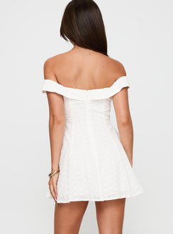 back view of model wearing Princess Polly Rosebud Off The Shoulder Mini Dress White Petite Sweetheart Neckline 
