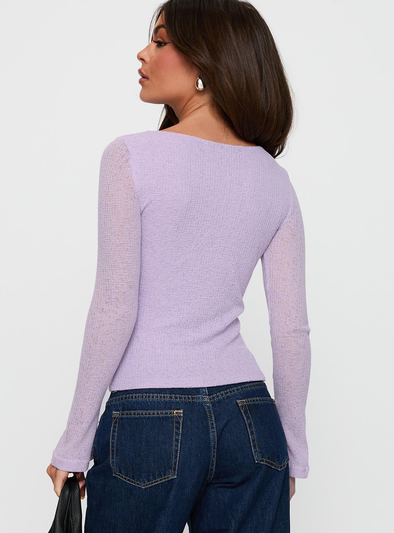 back view of model wearing Princess Polly See You Soon Long Sleeve Top Purple Full Sleeves Crew Neck 