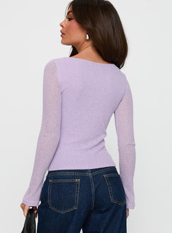 back view of model wearing Princess Polly See You Soon Long Sleeve Top Purple Full Sleeves Crew Neck 