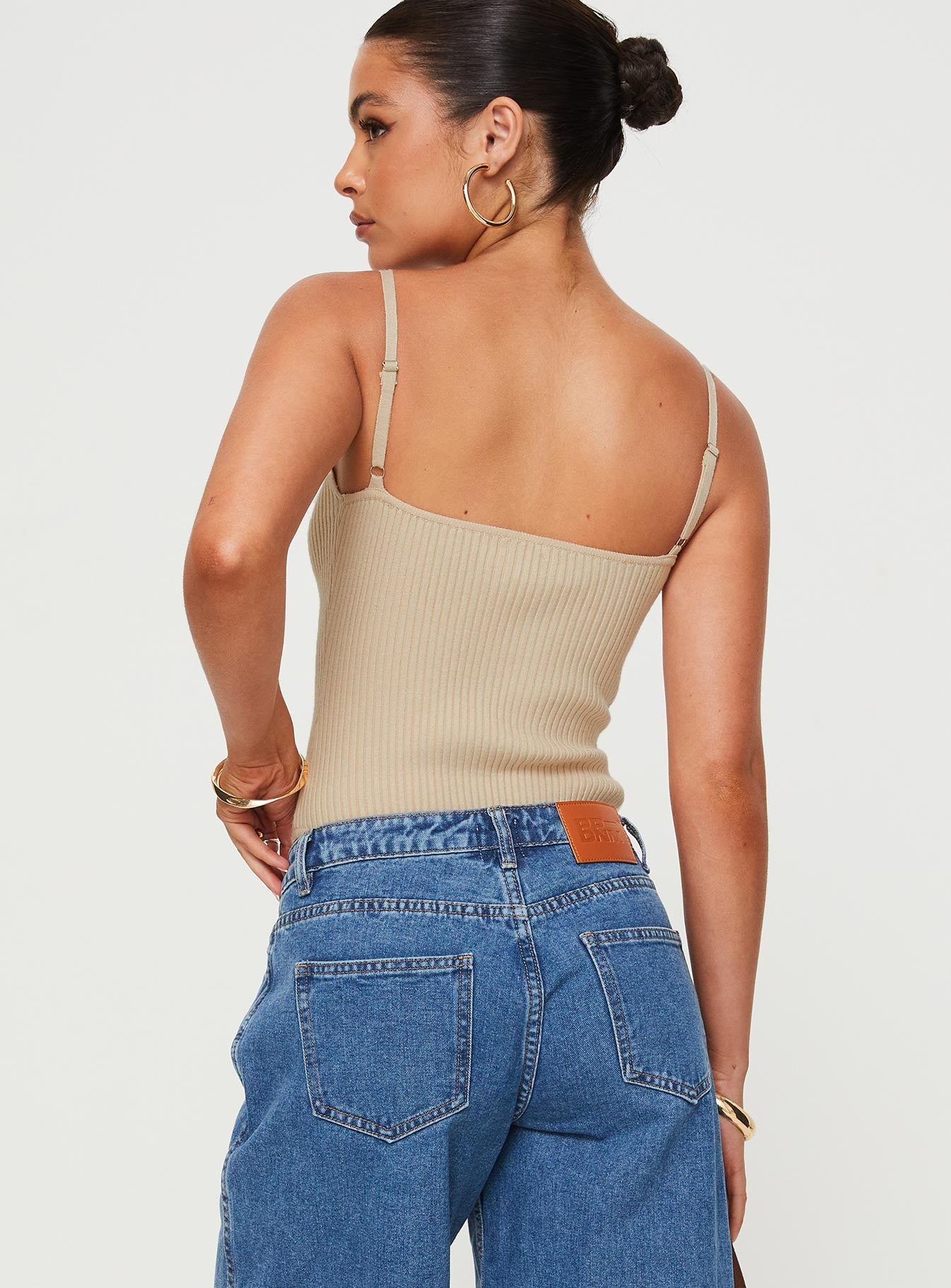 back view of model wearing Princess Polly Keenan Bodysuit Beige Sleeveless V-Neck 