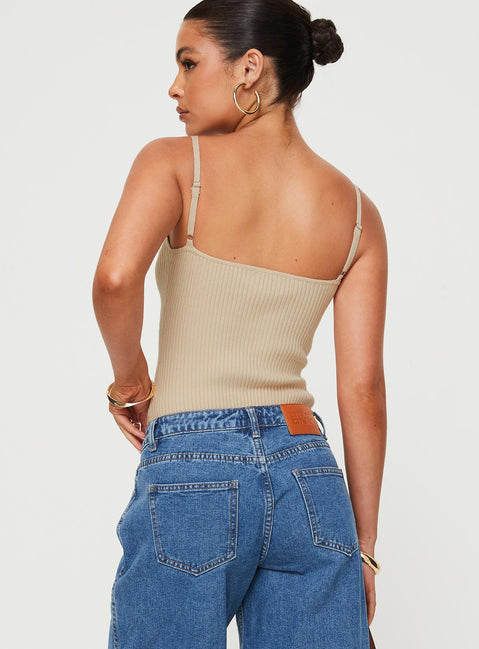 back view of model wearing Princess Polly Keenan Bodysuit Beige Sleeveless V-Neck 