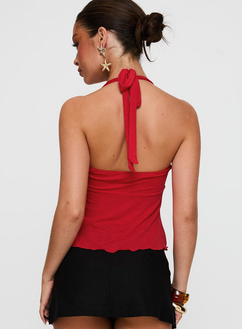 back view of model wearing Princess Polly Attina Hardware Detail Top Red Sleeveless Sweetheart 