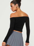 back view of model wearing Princess Polly Simonetta Off The Shoulder Top Black Full Sleeves straight 