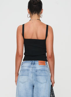 back view of model wearing Princess Polly Dalma Twist Top Black Sleeveless Sweetheart 