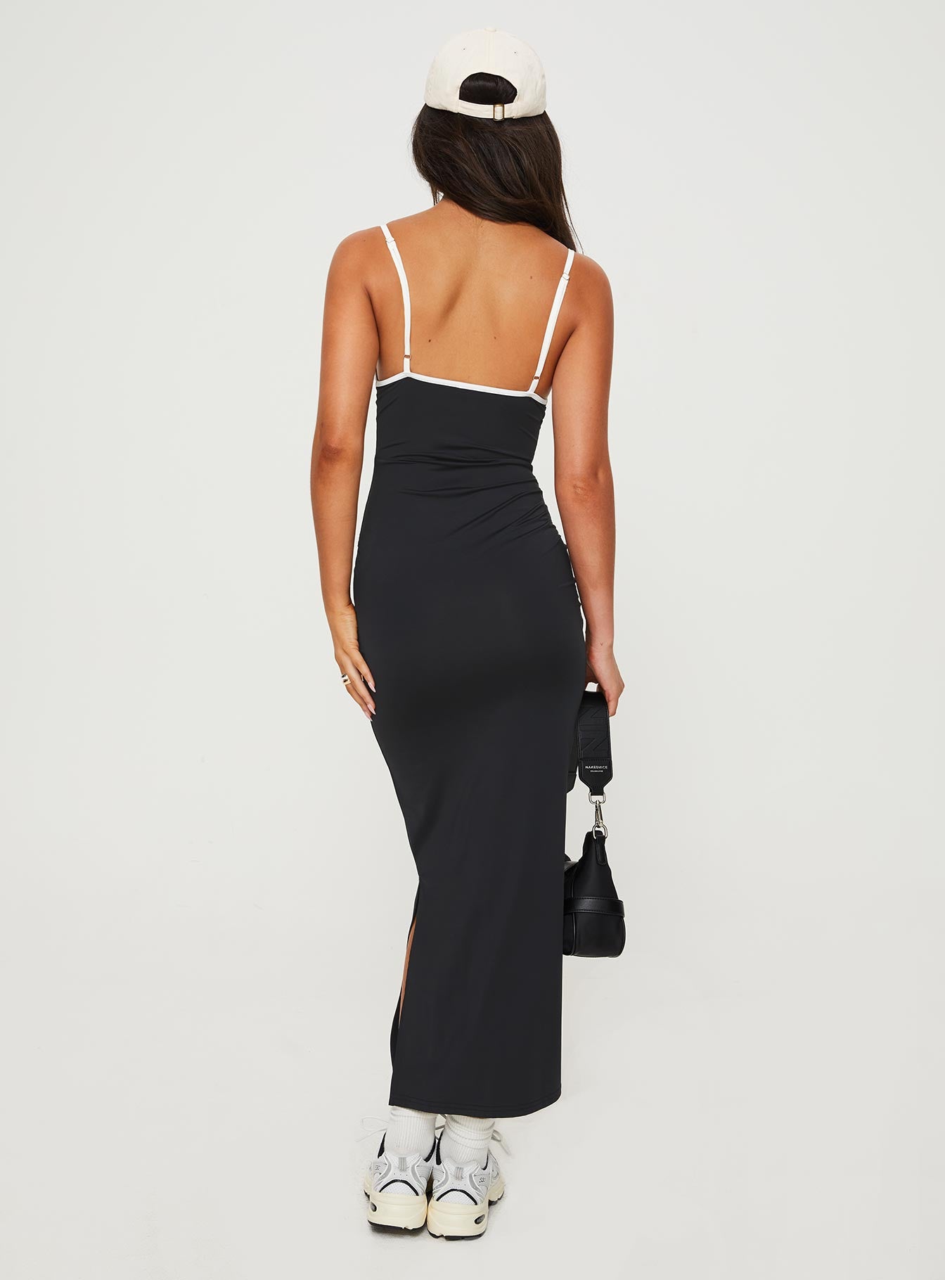 back view of model wearing Princess Polly Romanoff  Maxi Dress Black V-Neck 