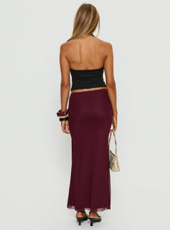 back view of model wearing Princess Polly Caviar Tie Maxi Skirt Currant Maxi Skirts 